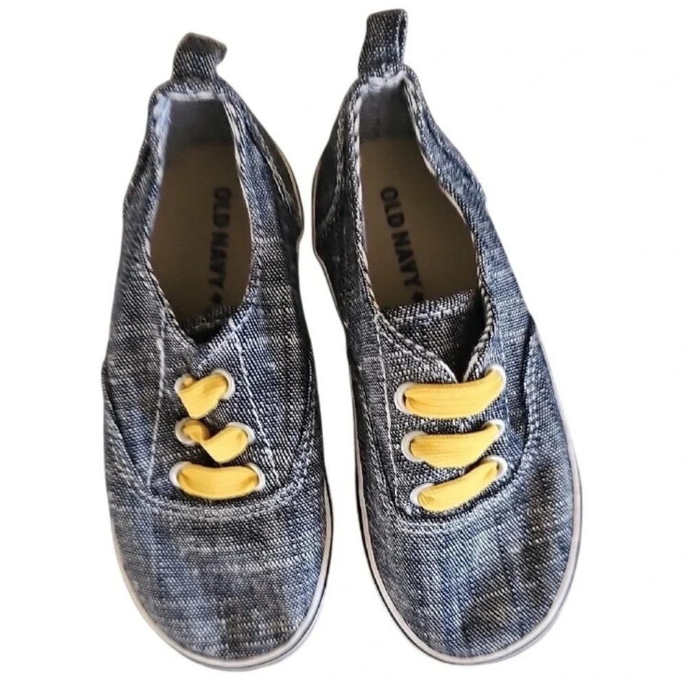 Old Navy Kids Dark Chambray Low Top Sneakers Yellow Elastic Laces Size 9 3T/3A